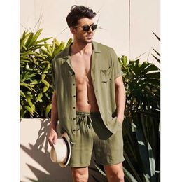 Men's Tracksuits Summer Fashion Men Cotton Linen Suit Casual Solid Two Piece Set Loose Turn-down Collar Button Shirts Shorts Outfit MensMen'