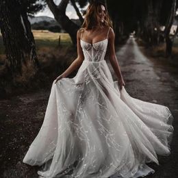 Sexy Boho Beach Wedding Dress Tulle Long Spaghetti Neck Beaded Bridal Dresses Crystal A Line Wedding Gowns Vestido de Noiva