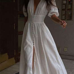 Clacive White Sexy Single Breasted Women S Dress Elegant Short Sleeve V Neck Party es Lady Casual Slim Midi 220613