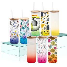 17oz Sublimation Glass skinny tumbler blank Frosted Glasses Water Bottle gradient colors printing tumblers with bamboo lid & straw 2022