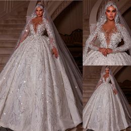 Exquisite Beaded Wedding Dresses Lace Appliques Sheer Neck Bridal Gowns Sequined See Through Long Train Robe de mariée Custom Made