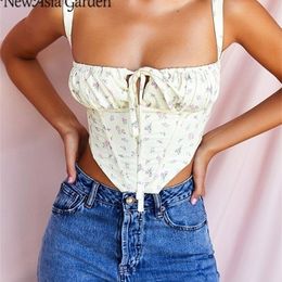 Asia Floral Corset Women Sweet Print Hollow Up Tie Sexy Crop Top Summer Sleeveless Ruched Boning Bustier Casual Tank 220318