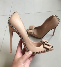 Nude Matte Bottom Women Shoes Brand Red Sole Rivet Shoe 12Cm Stiletto High Heels Spiked Bowtie Pointed Toe Thin Heel Party Woman Pumps Sandals 10Cm 8Cm 841