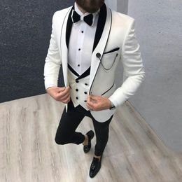 Brand New White Groom Tuxedos Shawl Lapel Slim Fit Groomsmen Wedding Dress Excellent Man Jacket Blazer 3 Piece Suit Jacket Pants Vest Tie 1289