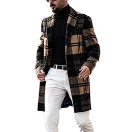 Cheque Print Woollen Coat Trench Windbreaker Mens Jacket Men's Slim Fit Windbreak Long Coat Men Winter Coats Homme Plus Size 201128