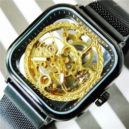 Forsining 2022 Man Automatic Mechanical Watches Square Black Stainless Steel Slim Mesh Strap Belt Golden Skeleton WristWatch Wristwatches