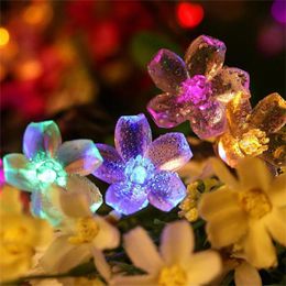 Strings Peach Flower Solar Power LED Lamp Fairy String Lights Garlands For Outdoor Garden Christmas Festoon Year Wedding DecorsLED