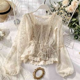 Autumn lace blouse shirt short ladies French retro lantern sleeves lotus leaf lace shirts tops 210412