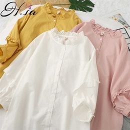 Hsa Blouses for Women Fashion White Shirts Pink Peter Pan Collar Cute Pink Pure Cotton Summer Top Chic Harajuku Blouse 210716