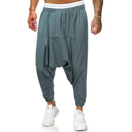 2022 Mens streetwear cotone lino pantaloni incrociati uomo larghi pantaloni harem neri solidi pantaloni hip-hop maschili pantaloni uomo gambe larghe L220706