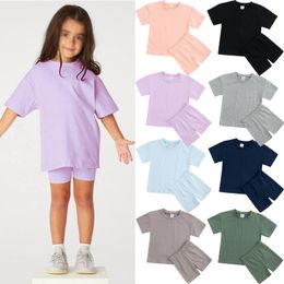 Summer Children Baby Short Clothing Set Solid Color Short-Sleeved T-Shirts + Shorts 2Pcs/Set Kids Casual Outfits Boy Girls Casual Loose Sportswear Suits M4129