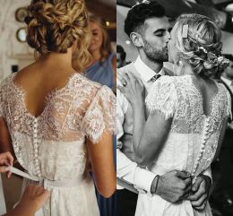 Elegant Lace Wedding Dresses Bridal Gown Sweep Train Plus Size Sash Scalloped Neck Short Sleeves Covered Buttons Back VESTIDOS DE NOVIA