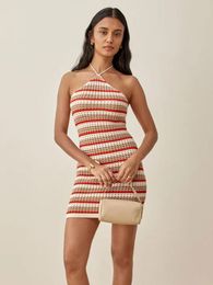 Women's Swimwear Stripe Crochet Tunic Sexy Halter Neck Sleeveless Mini Dress Summer Clothing Women Beach Wear Swim Skirt Suit Cover Up A1624