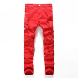 Jeans masculinos denim longo quatro temporada arruinado buraco vermelho zíper regular ajuste casual estiramento calças grandes sizemen's