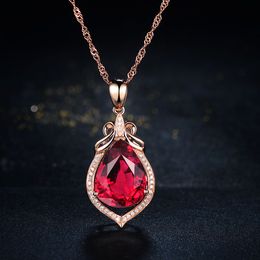 Imitation red Tourmaline diamond Pendant Rose golden sweet necklace European and American style women wedding party Jewellery vintage clavicle chain girls gift