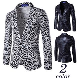 Autumn Winter PU Leather Suit Men Jackets Fashion Leopard Print Suit Coat Gentleman Dress Costume Party Wear X963