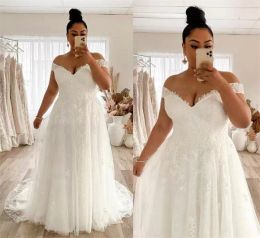 2022 Gorgeous Plus Size Wedding Dresses Bridal Gown A Line Country Lace Applique Off The Shoulder Sweep Train Custom Made Dubai Beach Vestido De Novia 401 401