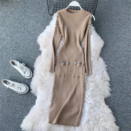 New fashion women bodycon dress autumn winter slim sexy hollow shoulders long robe woman vintage nail bead knitted dresses 201110