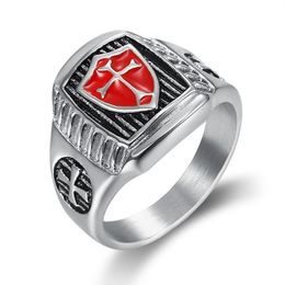 316 stainless steel ring golden antique men's soldiers knights templar regalia sword Shield cross rings with red enamel