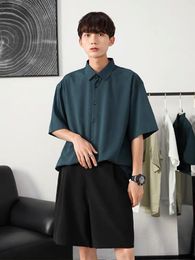 Men's Casual Shirts Summer Ice Silk Short Sleeve Button Up Shirt Men Loose Thin Korean Fashion Solid Color Drape Tshirt Handsome TopsMen's M