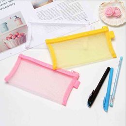 Simple Transparent Mesh Bag Case Office Student Pencil Case Nylon School Supplies Pen Box Nuova Cartoleria J220808