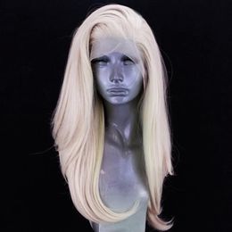 -Partie latérale longue perruque blonde platine à haute température Fibre 360 ​​Lace Synthétique en dentelle Front perruque pour femmes blanches247u