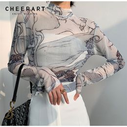 CHEERART Turtleneck Mesh Blouse Women Renaissance Print Long Sleeve See Through Top Ladies Sheer Designer Top Clothing 220527