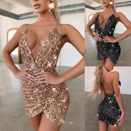 Party Dresses Sexy Deep V Short Mini Cocktail Bling Fashion Sequin Part Gown Homecoming Dress BacklessParty