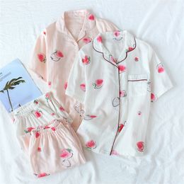 Japanese style simple short women female 100% cotton gauze short sleeve trousers ladies pajamas suit cute pajamas sets home 220321