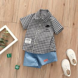 Clothing Sets Boys Summer Plaid Shirt Shorts 2 Piece Set Fashion Turn-down Collar Children Casual Outfit Short Sleeved SuitsClothing