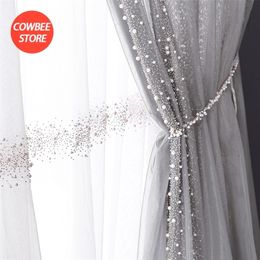 Modern European Tulle Curtain for The Living Dining Room Bedroom Pearl Screens Windows Backdrop Grey Curtain Luxury Decorate 220511