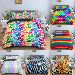 Geometric Printed Duvet Cover Set Colourful Stripe Heart Shaped Comforter for Kid Children Quilt King Queen Full Size