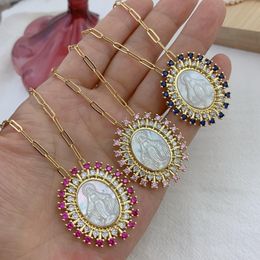 Pendant Necklaces Religious Holy Virgin Mary For Women 2022 Zircon Natural Mother Of Pearl Shell Choker Necklace JewelryPendant