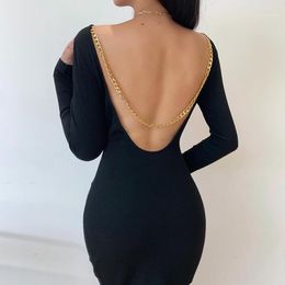 Backless Ribbed Knitted Black Sexy Wrap Dress Women Autumn Winter Bodycon Long Sleeve Club Party Casual Dresses