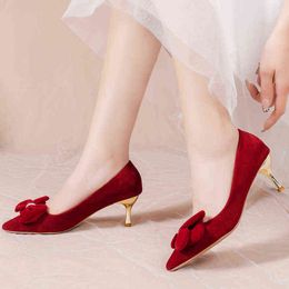 Dress Shoes Elegant Bowknot Pointed Toe Pumps Women Red High Heels Slip on Bridal Woman 2022 New Flock Gold Heeled Sapatos Mujer 220507