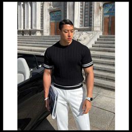 Men's T-Shirts Men Casual Short Sleeves T-shirt Male Gyms Fitness Training Workout T Shirt Knitted Stripes Slim Tees Tops Fashion ClothesMen