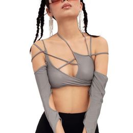 Goth Dark Cyber Y2k Techwear Punk Women Halter Tops Gothic egirl Patchwork Long Sleeve Crop Top Sexy Cut Out Casual T-shirts 220525