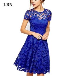 5XL Plus Size Dress Fashion Women Elegant Sweet Hallow Out Lace Sexy Party Princess Slim Summer es Vestidos Red Blue 220615