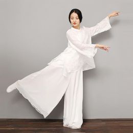 Ethnic Clothing Traditional Chinese Women Blouses Linen Tops Yoga Set Pants Retro Cheongsam Top Tai Chi Uniform Breathable Casual Hanfu 1019