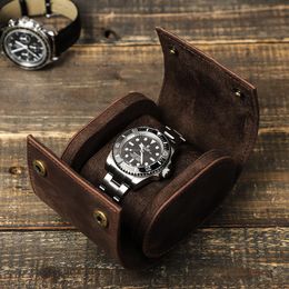 Watch Boxes & Cases Genuine Leather Browne Colour 1 Grids Travel Roll Portable Display Storage Holder