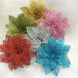 Glitter Hollow Artificial Flowers 10Pcs Christmas Tree Decorations Year for Home Xmas Ornaments Y201020