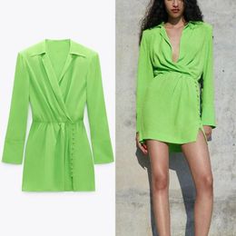Casual Dresses 2022 Green Shirt Dress Women Long Sleeve Shoulder Pads Wrap Office Lady Chic Button Up Pleated Mini