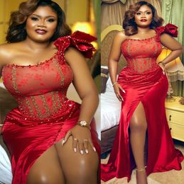 2022 Plus Size Arabic Aso Ebi Red Mermaid Sexy Prom Dresses Lace Beaded Evening Formal Party Second Reception Birthday Engagement Bridesmaid Gowns Dress ZJ266