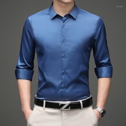 Men Business Formal Satin Shirts  Faux Silk Dragon Long Sleeve Blouse Loose Tops