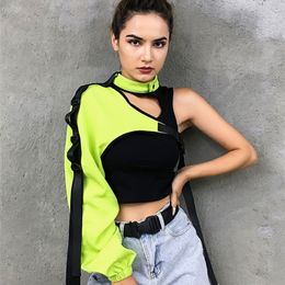 HEYounGIRL Neon Green One Shoulder Off Halter Top Harajuku Black Reflective Tshirt Women Hip Hop Street Wear Tee Shirt Femme 220727