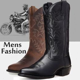 Vintage Motorcycle Cowboy Boots Men Western Boots Embroidered High Quality Mid Calf Leather Male Autumn Comfortable Knight Boots