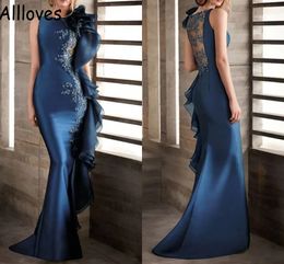 dark blue lace prom dresses UK - Fishtail Side Rufffles Embroidery Prom Dresses Sequins Beaded Dark Blue Evening Party Gowns Illusion Lace Back Satin Arabic Aso Ebi Mermaid Formal Wear CL0635