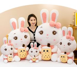 40cm Cute Plush Dolls Toys Easter Legged Bunny With Milk tea Cup Stuffed Plush Animals Soft Pink Lying Noble Doll Pillow Cushion Gift Open Surprise