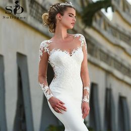 Vintage Mermaid Wedding Dress Scoop-Neck Full Sleeves Wedding Gowns Zipper Back Lace Satin Bride Dress Robe Mariee Dentelle 201114