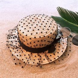 Wheat Straw Summer Autumn Women Beach Sun Hat For Lady Flat Round Boater Bowler Size 57CM Fashion Mesh Bowknot Wide Brim Hats Delm22